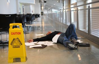 Person lying on the floor near scattered papers with a caution sign nearby in a hallway or corridor.